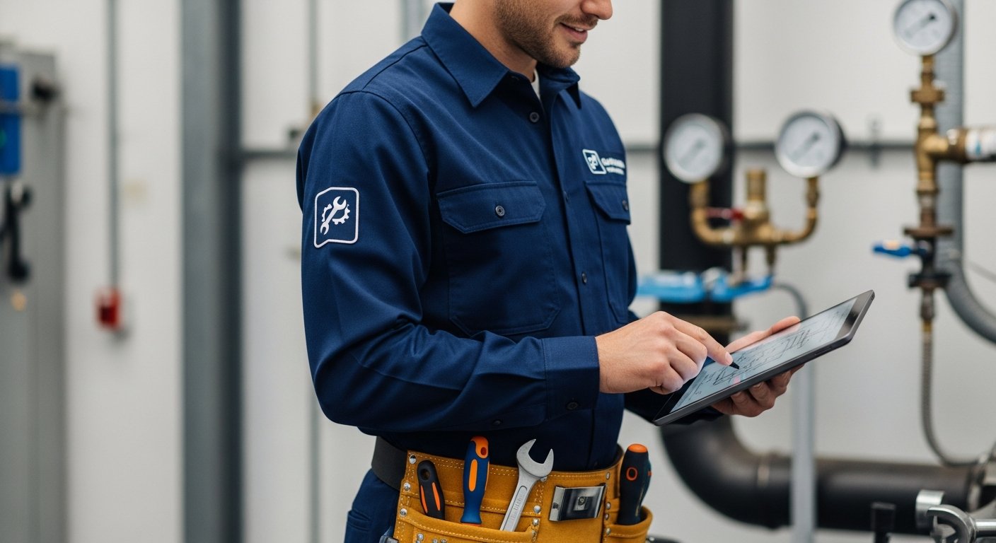 Uniformed maintenance professional greeting homeowner at front door with clipboard